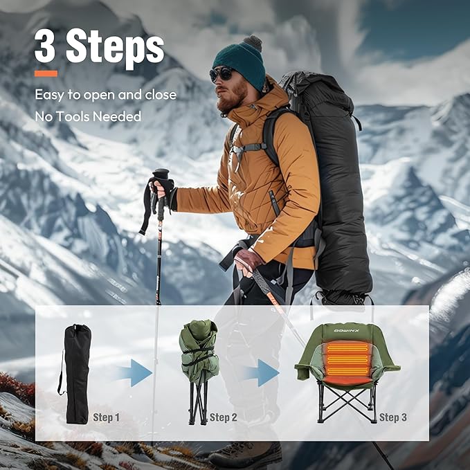 Dowinx Heated Camping Chair for Adults - Oversized Extra Large Folding Chair with Adjustable Padded Seat Cup Holder 400 lbs Capacity Green