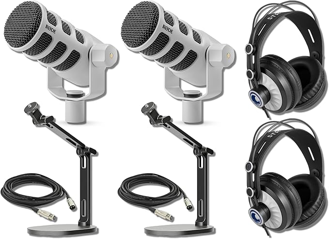 Rode PodMic Cardioid Dynamic Broadcast Microphone (White Pair) with 2X DS2 Desktop Stand 2X Monitoring Headphones and 2X XLR Cables