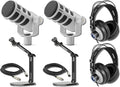 Rode PodMic Cardioid Dynamic Broadcast Microphone (White Pair) with 2X DS2 Desktop Stand 2X Monitoring Headphones and 2X XLR Cables