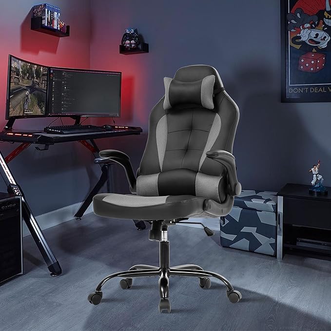 Video Game Chair PC Gaming Chair Racing Gamer Chair Home Office Chair Adjustable Computer Chair Ergonomic Chair with Lumbar Support Headrest Flip Up Arms for Women Men Teens