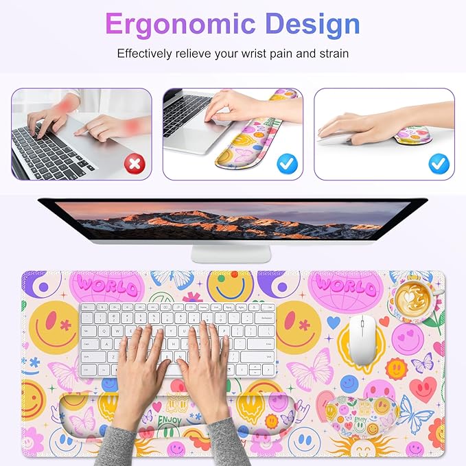 Large Gaming Mouse Pad Set 4 in 1 Extended Keyboard Desk Mat with Wrist Rest PC Computer Game Mousepad Set Non-Slip Desk Pad Protector Easy Typing Pain Relief for Home Office I Hippie Smile