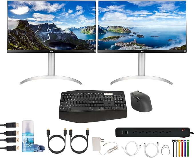 LG 27UP650-W 27 4K UHD IPS Monitor (2-Pack) | 16:9 FreeSync Display with HDR10 &amp VESA DisplayHDR 400 | Photo Editing Design Office &amp Gaming (27UP650-W) + Mouse and Keyboard + Surge Protecto