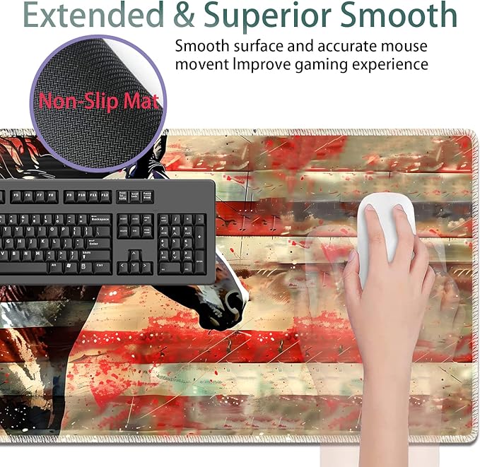 Large Gaming Mouse Pad + Keyboard Wrist Rest + Wrist Support + Coaster Set Memory Foam Ergonomic for Easy Typing XXL Extended Gaming Mouse Pad Table Pad - Flag Horse American