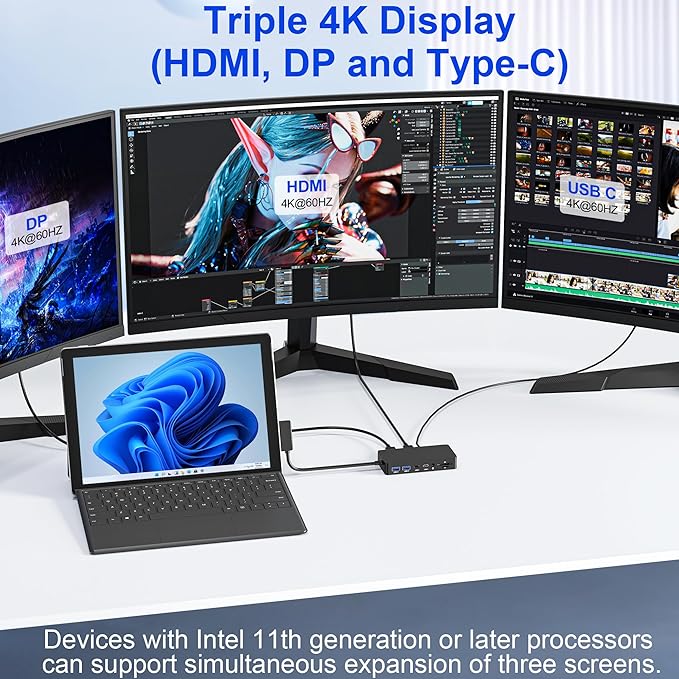 Surface Docking Station 12-in-1 Triple Display 4K@60Hz Dock with HDMI DP USB-C 4-Screen Support 4 USB Ports SD/TF Audio for Surface Pro 11/10/9/8/7 Surface Laptop Book Go