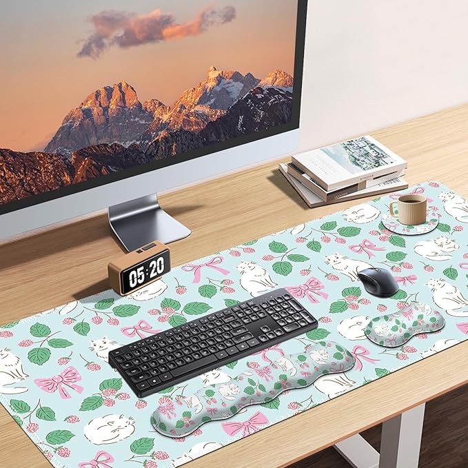AIMSA Keyboard Wrist Rest Large Mouse Pad Wrist Support Combo Bows and Kittens Keyboard Pad Desk Mat Ergonomic Wrist Rest Cushion Pad for Home Office Gaming