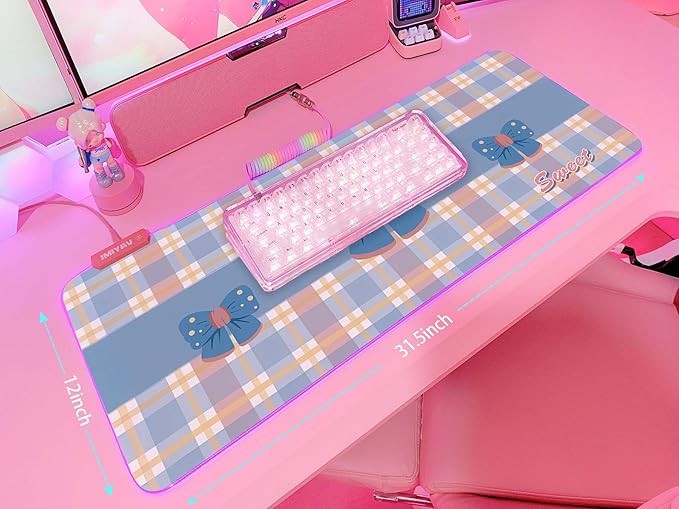 JMIYAV Pink Bow RGB Gaming Mouse Pad 31.5x12In PC XL Large Extended Glowing Led Light Up Desk Pad Non-Slip Rubber Base Computer Cute Mousepad Mat Desk Accessories Gaming Setup 49-9894
