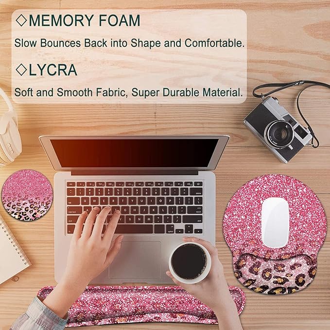 Keyboard Wrist Rest and Mouse Pad with Wrist Support Ergonomic Mouse Pad CoasterEasy Typing Pain Relief Memory Foam Keyboard Mousepad Set Pink Leopard