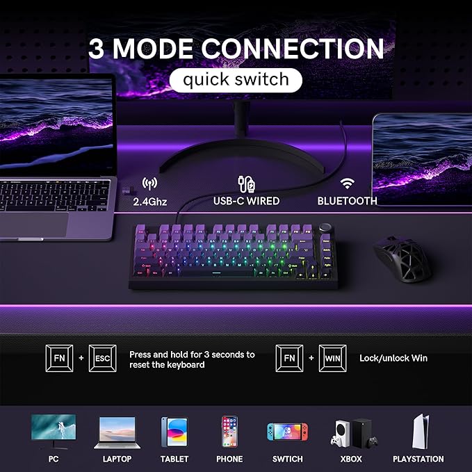 COSTOM WK75 75% Wireless Gaming Mechanical KeyboardBT5.0/2.4GHz/USB-C Hot Swappable Pre-lubed Custom Linear SwitchesGasket StructureRGB Backlit Keyboard for PC/Laptop/Xbox/PS4/PS5 (Purple)