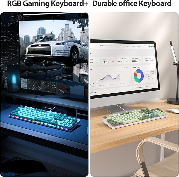 Fogruaden Mechanical Keyboard Green Matcha Wired USB 104 Key RGB Backlit Gaming Keyboard with Number Pad Red Switches NKRO for Windows Laptop PC Gamer