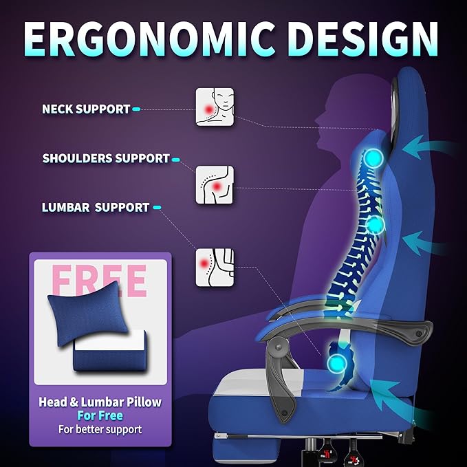 Gaming Chair Ergonomic Computer Chair with Footrest Big Tall PC Gamer Chair with Headrest and Massage Lumbar Support 360° Swivel Height Adjustable Fabric Video Office Chairs for Adults (Blue)