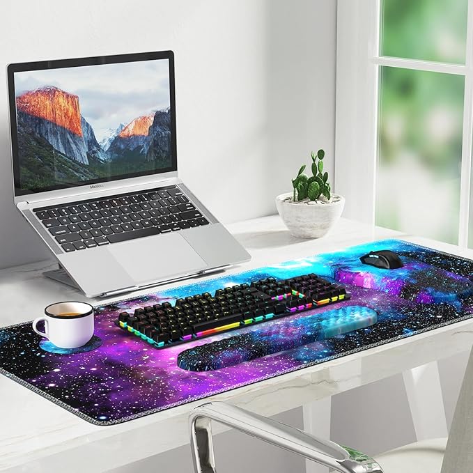 Desk Mat with Wrist Support Desk Pad for Keyboard and Mouse Purple Desk Mat Keyboard Pad and Mouse Pad Combo Carpal Tunnel Mousepad Gaming for Office Galaxy Space Purple Nebula