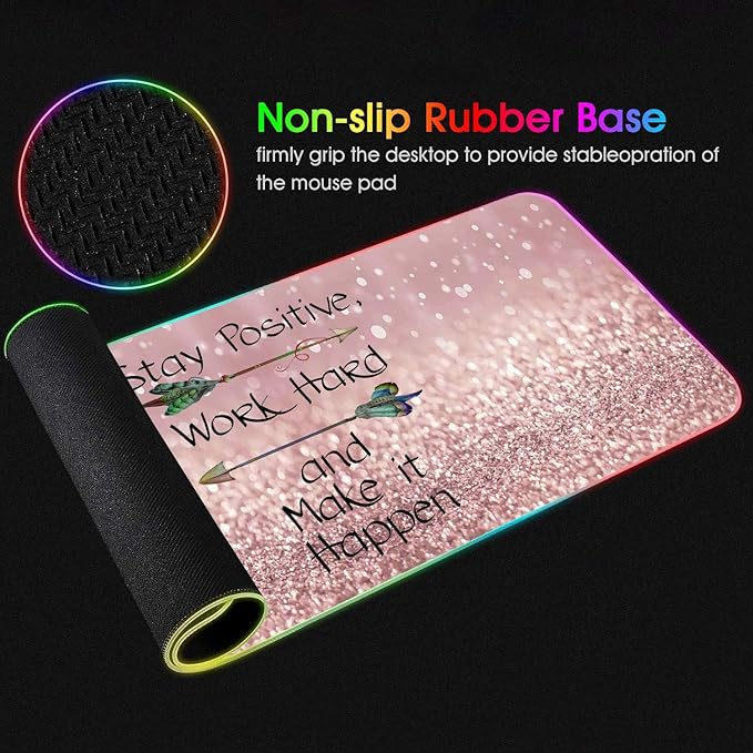 RGB Gaming Mouse Pad with Coffee Coaster XXL Large Glowing LED Mousepad Anti-Slip Rubber Base Computer Keyboard Mouse Mat - Inspirational Quote Stay Positive Work Hard and Make It Happen