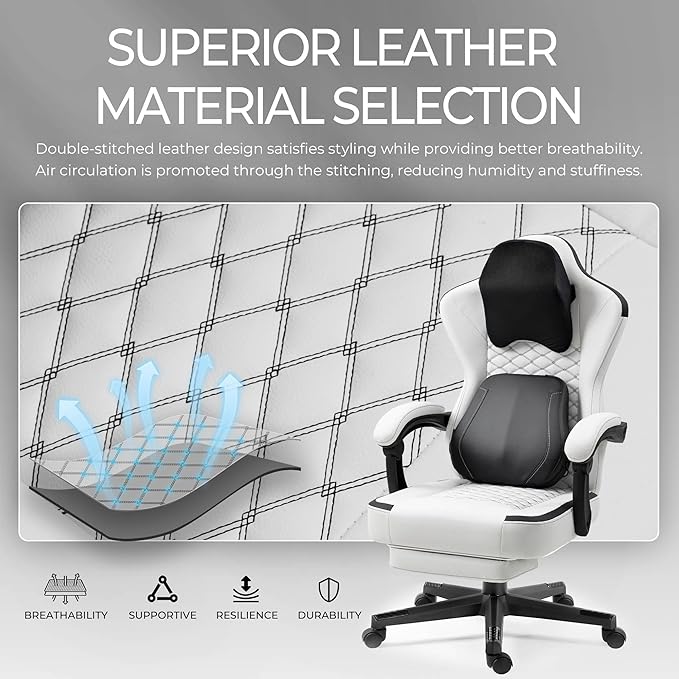 Gaming Chair with Heated Massage Lumbar Support Ergonomic Computer Chair with Footrest and Pocket Spring Cushion High Back Massage Gaming Chair Reclining Office Chair with Footrest 330lbs (White)