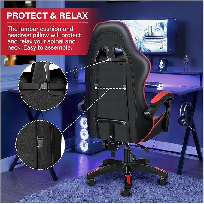 Managerial Chairs Height Adjustable Swivel Recliner Racing Office Computer Ergonomic Video Game Esports Chair W/Headrest&ampLumbar Pillow(Red)