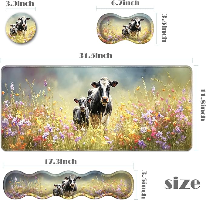 Ergonomic Keyboard Wrist Rest &amp Mouse Pad Wrist Rest SetXL Gaming Desk Mat 31.5x 11.8Non-Slip BaseMemory FoamEasy Typing Pain Relief for Office &amp HomeCows in Colorful Flower Field