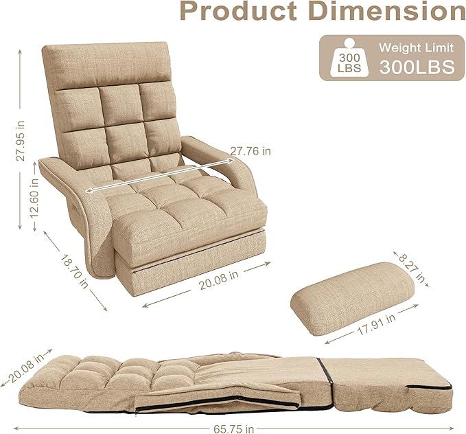 Floor Gaming Chair for Adults 6-Position Adjustable Chaise Lounge Chair with Meditation Arm Foldable Lazy Sofa with Pillow Comfy Chair Indoor for Bedroom Dorm Living Room Beige