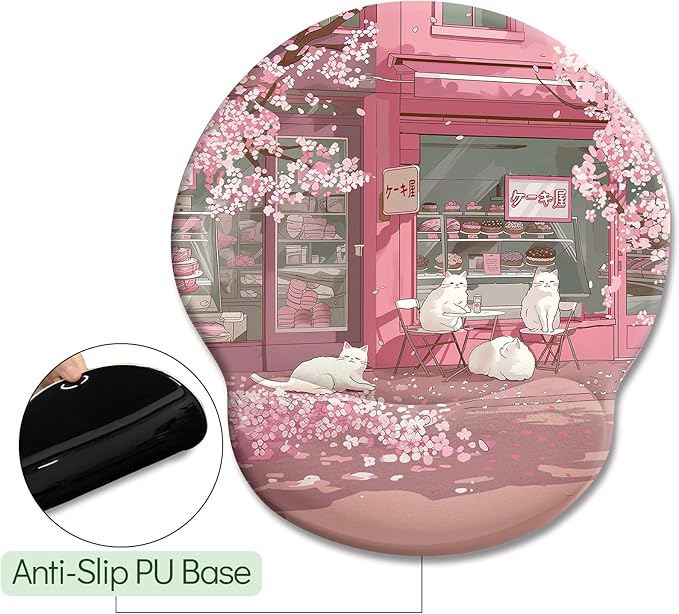 Cat Ergonomic Mouse Pad with Wrist Rest Pink Cherry Blossom Computer Mouse Pad Wrist Support with Non-Slip Pain Relief PU Base Cute Office Desk Decor Accessories Japanese Dessert House