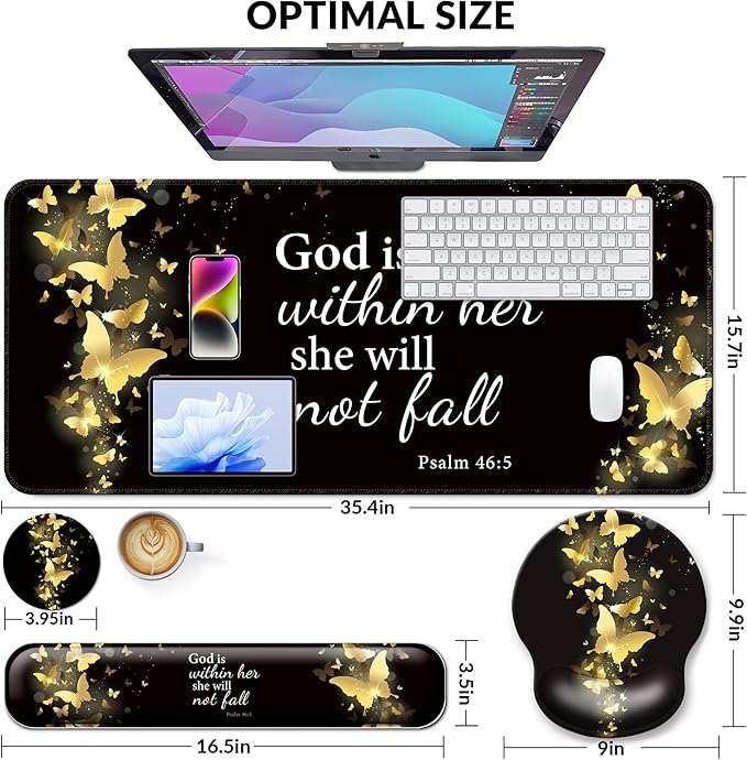 Desk Mat Set + Keyboard and Mouse Pad with Wrist Rest Support4-in-1 Large Mousepad Computer Mats for Desktop Home &amp Office-Golden Butterflies