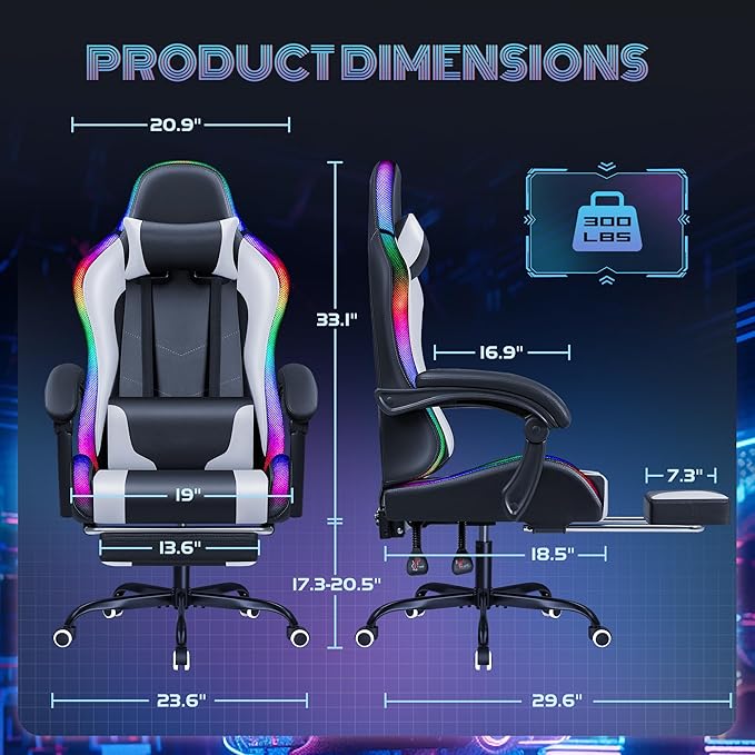 Furmax Gaming Chair with RGB LED Lights Video Game Chair with Footrest and Massage Lumbar Support High Back Reclining Computer Chair with Headrest Swivel Seat Gamer Chair (LED White)