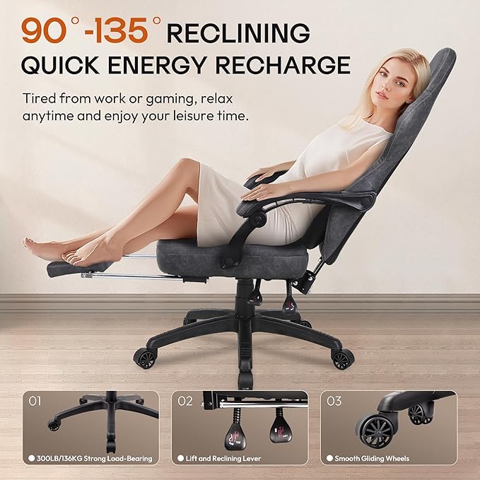 Dowinx Gaming Chair Breathable PU Leather Gamer Chair with Footrest Massage Lumbar Support Big and Tall Ergonomic Reclining Computer Chair with Pocket Spring Cushion for Adults Teens (Grey)