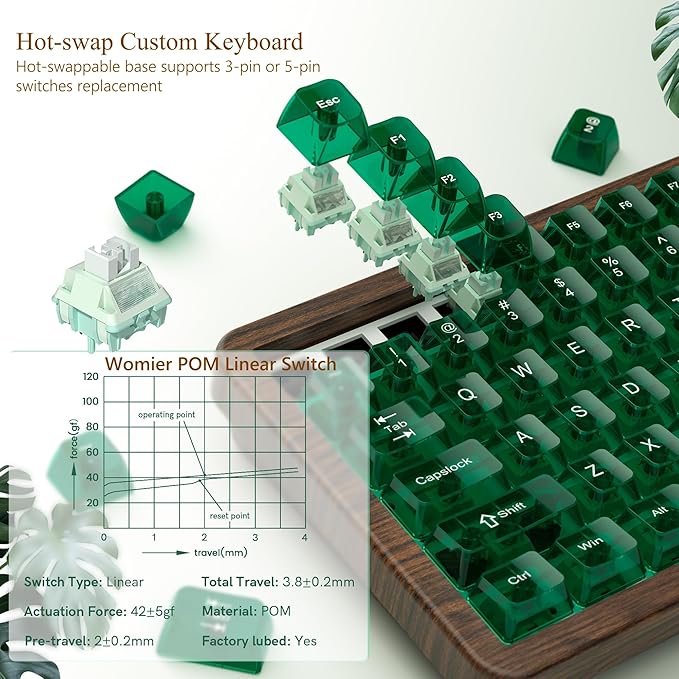 Womier 75% Mechanical Keyboard Wireless with QMK/VIA WD75 V2 Wood Gaming Keyboard 8000mAh Battery Tri-Mode Custom Key Board RGB Hot Swappable with Translucent Clear Keycaps-POM Linear Switch