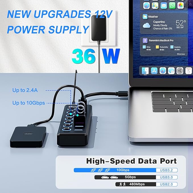 7-Port USB 3.2 Hub Data USB Hub Splitter with Individual On/Off Switches and Lights Compatible with Laptop PC MacBook Mac Pro Mac mini iMac Surface Pro and More