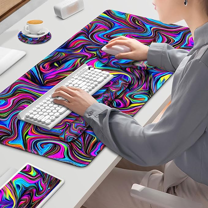 Gaming Mouse Pad Large Desk Mat Cute Desk Pad Protector 4in1 XXL Mousepad + Keyboard Wrist Rest+Mouse Wrist Rest+Coaster Set with Ergonomic Desk Pad for Home Office Computer Dazzling Bright Color