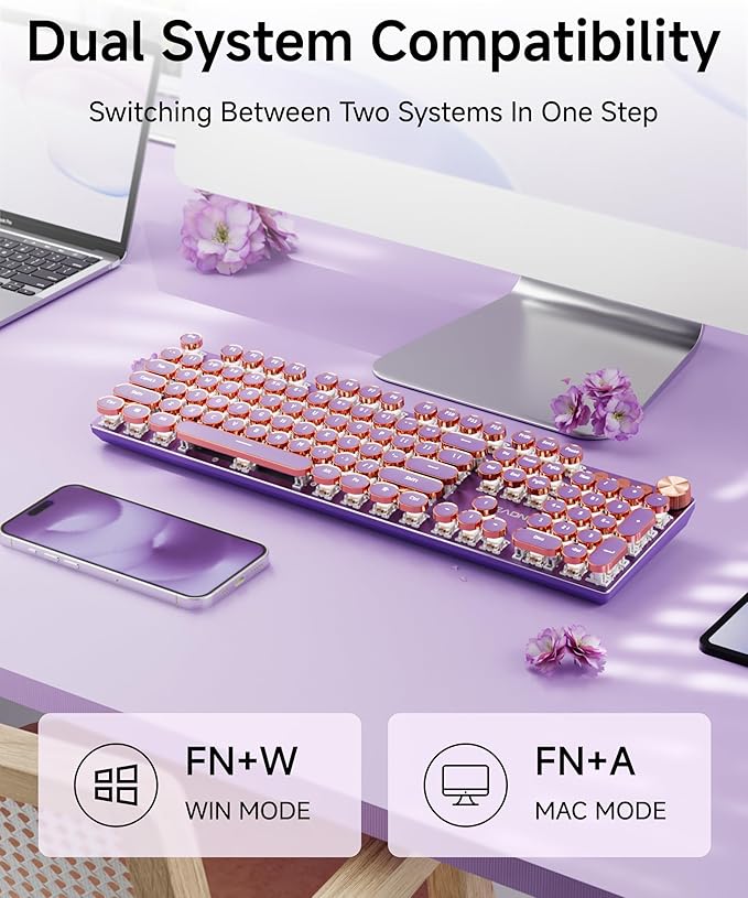 EWEADN V20 Typewriter Keyboard Wireless 104 Keys Typewriter Style Mechanical with White Backlit Media Knob Pink Switch 2.4G/Bluetooth/USB-C Wired Retro Full Size Keyboard for Windows/Mac/PC-Purple