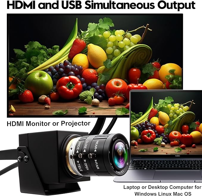 4K 60fps High Speed Camera USB3.0 &amp HDMI Dual Simultaneous Output 3X Manual CS-Mount Varifocal Lens with 2X Digital Zoom H.264 Security Camera for Computers TVs Projectors Video Conferences
