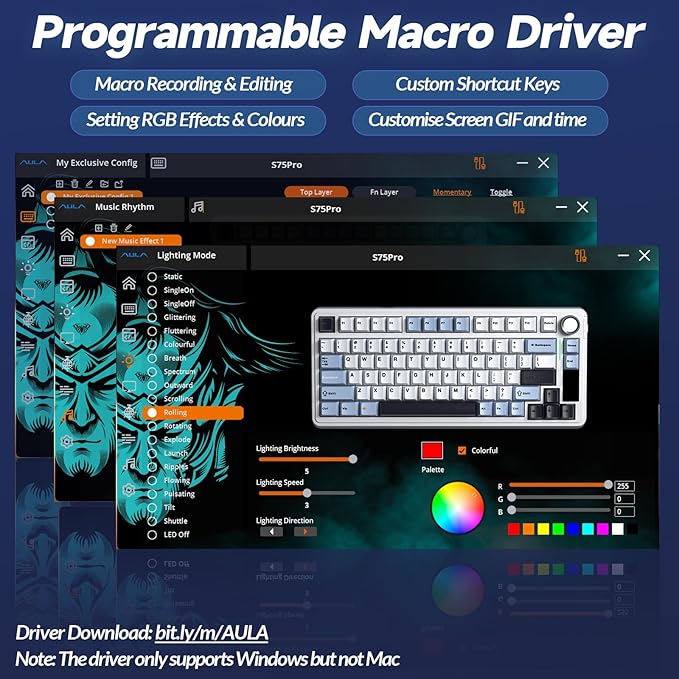 AULA S75 PRO Wireless Mechanical Keyboard with Screen&ampKnob Tri-Mode Hot Swappable Gaming Keyboard 75% Pre-lubed Switches RGB Backlit Side Printed PBT Keycaps Creamy Sounding Computer Keyboard