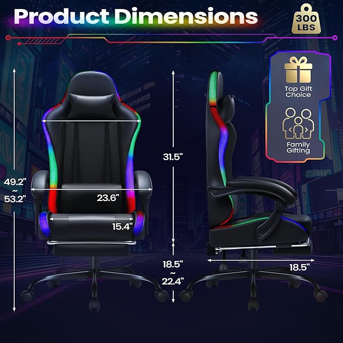 Homall Gaming Chair Video Game Chair with Footrest and Massage Lumbar Support Ergonomic Computer Chair Height Adjustable with Swivel Seat and Headrest (RGB Dark Black)