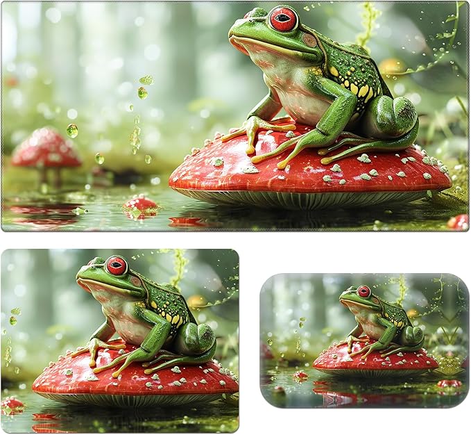 Mushroom Cute Frog Desk Mat - Large Game Mouse Pad + Wrist Rest Ergonomic Anti-Slip Memory Foam for Home Office Gaming (23.611.8in)