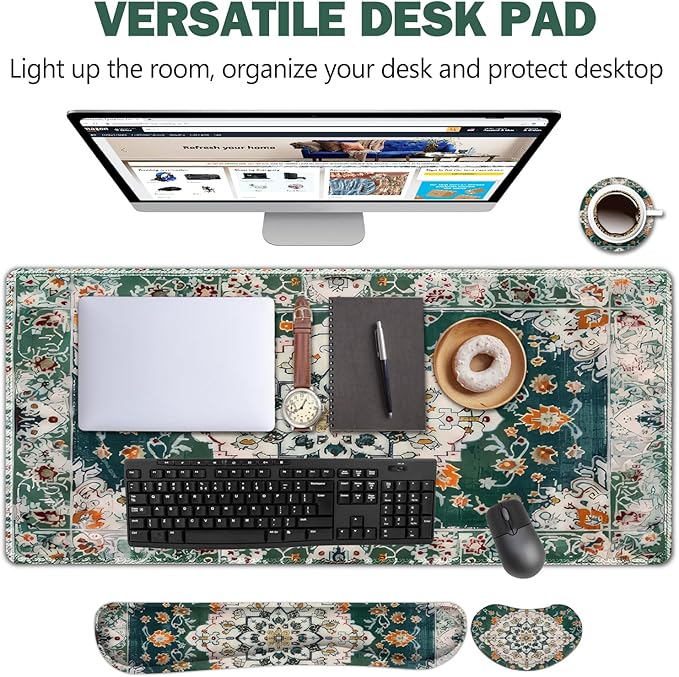 AIMSA Desk Mat Set Large Mouse Pad + Mouse Wrist Rest + Keyboard Wrist Support + Coaster 4in1 Rug Gaming Mouse Pad Combo for Home Office Retro Boho Art