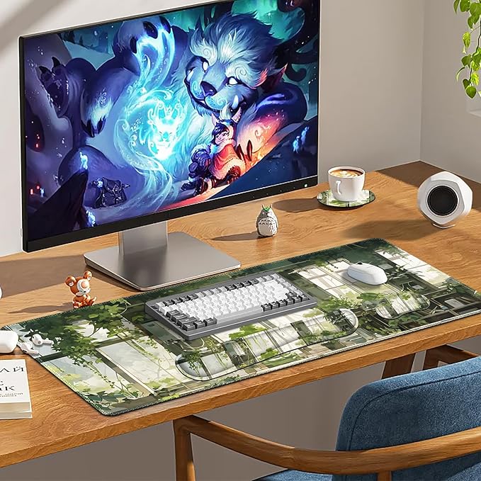 Large Mouse Pad and Keyboard Wrist Rest Extended Mouse Pad with Wrist Support Ergonomic Non-Slip Desk Mat Desk Protector Blotter for Home Office Window Green Plants