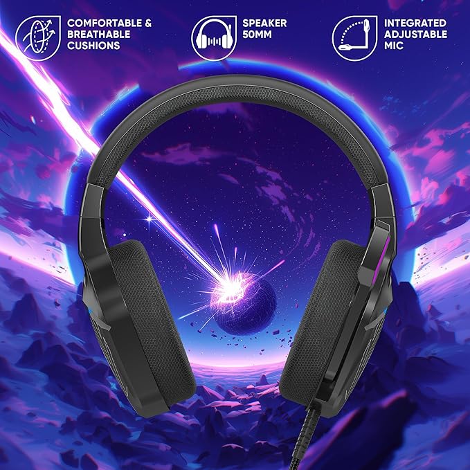 Oniverse Wired Gaming Headset with Adjustable Microphone Compatible with PS5 PS4 Switch Xbox PC Mac LED Gaming Headset 50mm Speakers Comfortable and Breathable Wired Jack – Meteor (Carbon Black)