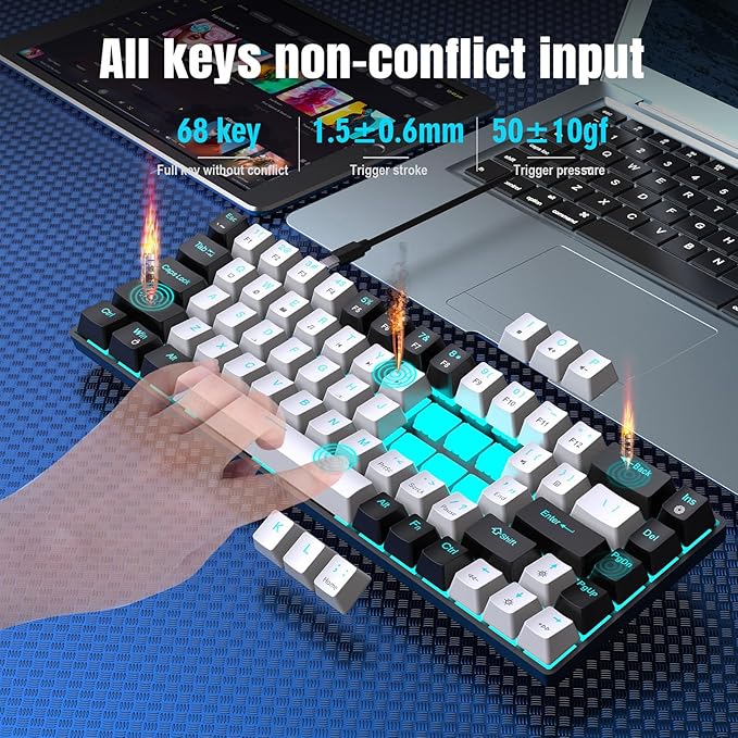 Yoidesu LED Backlit Mechanical Gaming Keyboard 68 Key RGB Mechanical Keyboard with 5.7ft Detachable Cable for OS X Linux System (Black and White)