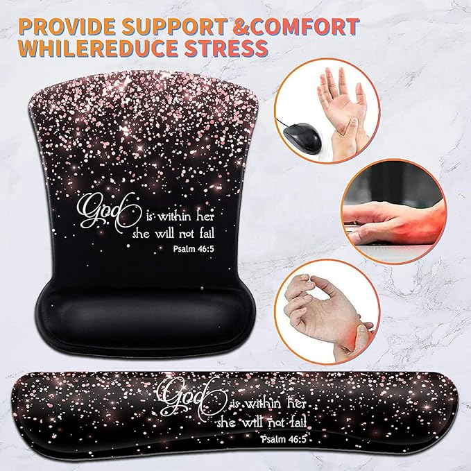 Keyboard Wrist Rest Pad and Ergonomic Mouse Pad Wrist Support Set Psalm 46:5 God is Within HerShe Will Not Fall Rose Gold Black for GamingOfficeComfortable and Pain Relief with Coaster Set