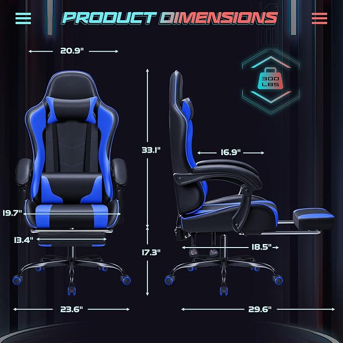 JUMMICO Gaming Chair Ergonomic Computer Chair with Footrest and Massage Lumbar Support Height Adjustable Video Gaming Chair with 360° Swivel Seat and Headrest (Blue)
