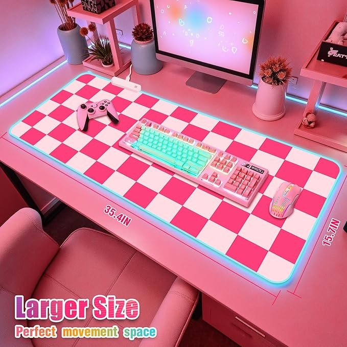 RGB Gaming Mouse Pad I Large Mousepad with 14 Led Modes I Keyboard Pad Gaming Desk Mat I Non-Slip Rubber Base Mouse Mat I 900x400x4mm Waterproof Mousepad for Gaming PC MacBook I Pink Checkered