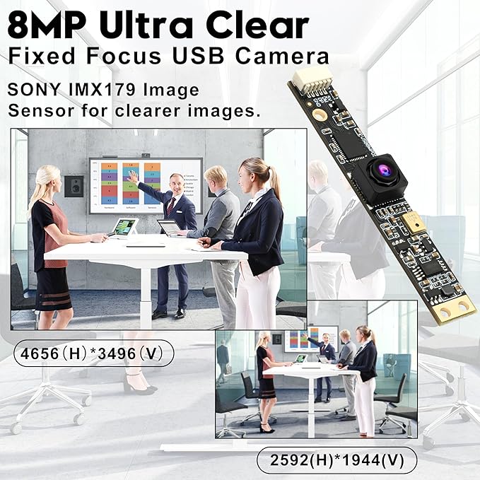ELP 8mp USB Camera Module with Microphone 4K PC Camera for Computer 2448P Lightburn Camera for Laser Engraver Mini Strip Web Camera CCTV USB Security Camera for Raspberry Pi (102° no Distortion Lens)