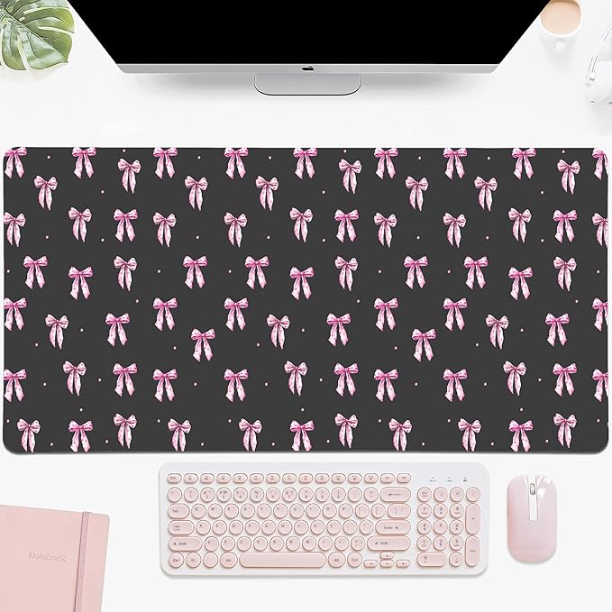 Idocolors Pink Bow Desk Mat Cute Extended Gaming Keyboard Mouse Pad Large Office Desk Cover Mat Pad Deskmat Non-Slip Leather Home Office Desk Mat Protector 31.5×15.7