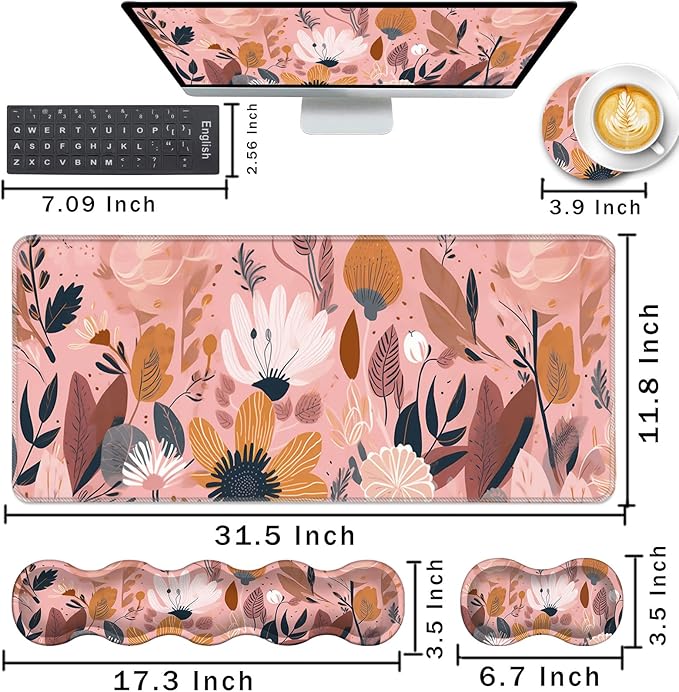 Keyboard Wrist Rest and Mouse Pad with Wrist Support Set Ergonomic CoasterMemory FoamEasy Typing Pain ReliefLarge XL Desk Mat 31.5x 11.8Pink Floral