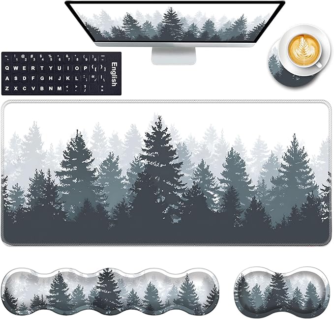 Keyboard Wrist Rest and Mouse Pad with Wrist Support Set Ergonomic CoasterMemory FoamEasy Typing Pain ReliefLarge XL Desk Mat 31.5x 11.8Misty Forest Tree