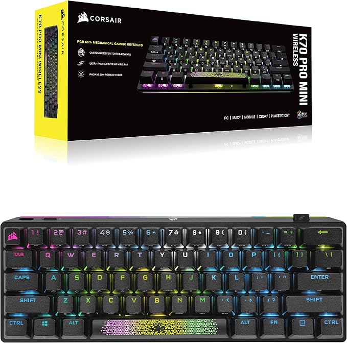 Corsair K70 PRO Mini Wireless RGB 60% (CH-9189010-NA) Mechanical Gaming Keyboard (Fastest Sub-1ms Wireless Swappable Cherry MX Red Keyswitches) QWERTY NA Layout - Black (Renewed)