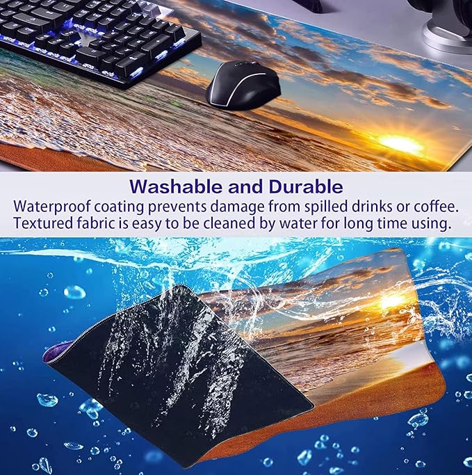 Large Extended Gaming Mouse Pad with Stitched Edges Non-Slip Waterproof Rubber Base Mouse Pad for Office Computer Keyboard Laptop and Home Desk Pad 35.4 x 15.7 x 0.12 Inch (Beach At Sunset)