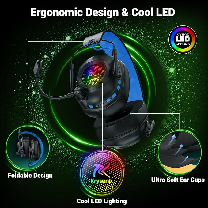Wireless Gaming Headset with Noise Canceling Microphone for PC PS5 PS4 Switch Mac 2.4 GHz Wireless &amp Bluetooth 5.4 Gaming Headphones Cool RGB Lighting 50Hr Battery 50mm Drivers(Blue)