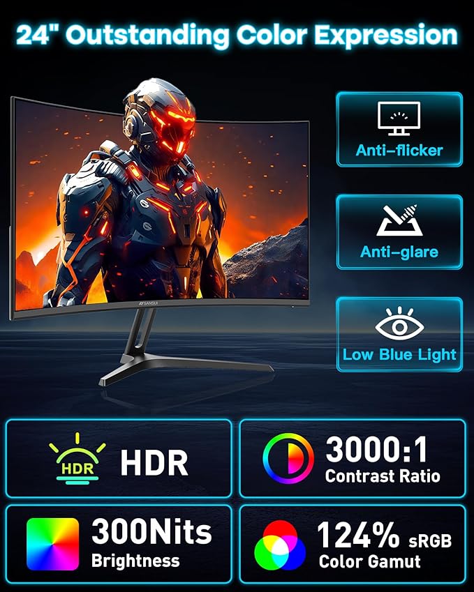 SANSUI 24 Inch Curved 240Hz Gaming Monitor FHD 1080P 1500R Curve Computer Monitor 124%sRGB 3000:1 Contrast Ratio HDR FreeSync MPRT 1Ms Low Blue Light HDMI DP ports.(ES-G24C1 PRO DP Cable Incl)