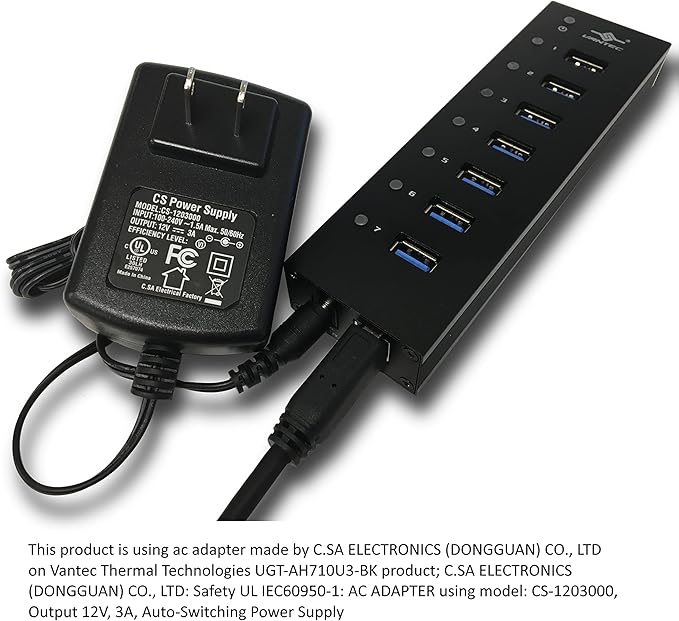 Vantec 7-Port USB 3.0 Hub Aluminum Full Powered Mountable with All Ports Data &amp Charging Up to 1.5A BC 1.2 Premium 12V/3A 36W Power Adapter (UGT-AH710U3-BK)