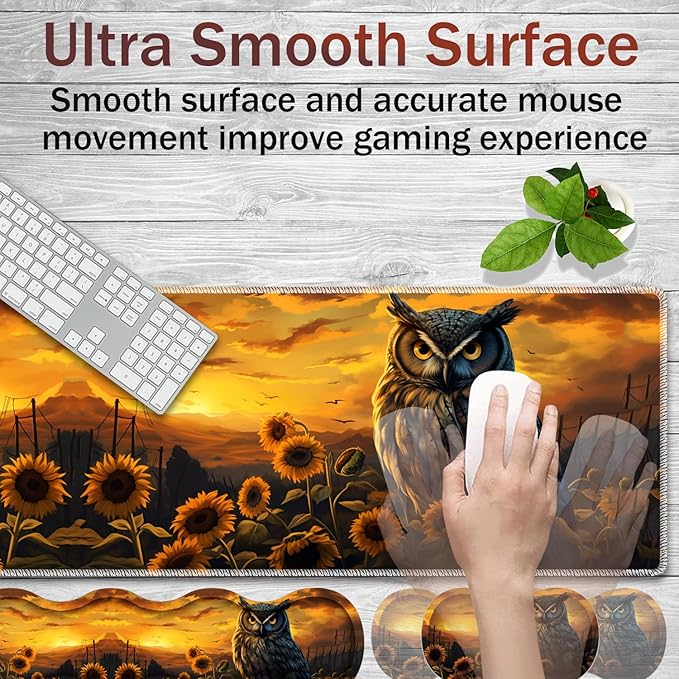 Gaming Mouse Pad Set Large Gaming Mouse Pad+Keyboard Wrist Rest+Mouse Wrist Rest+Coaster Easy Typing Pain Relief 31.5 × 11.8 inch Desk Mat for Home Office - Owl Among Sunflowers at Dusk