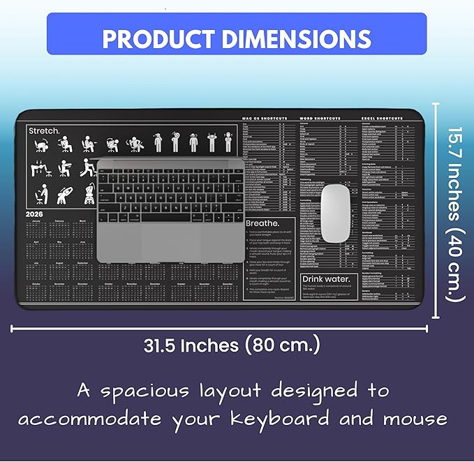 Mac Productivity Desk Mat – Keyboard Shortcuts Wellness Guide &amp 3-Year Calendar | XL Office Mouse Pad for Excel Word &amp macOS Shortcuts | Ergonomic Workspace Mat